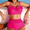SHEIN VCAY Women's Vacation Solid Color Frilled Trim Halter Neck Sexy Bikini Swimwear Set