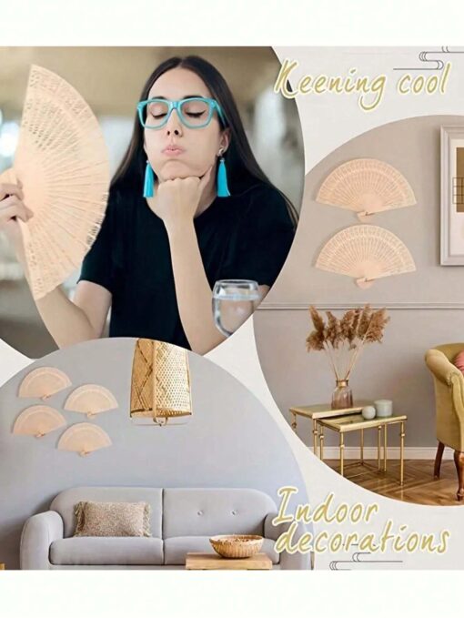 shein 1 pcs Elegant Pure Wood Fans, Handmade Carved Wooden Fan - Image 2