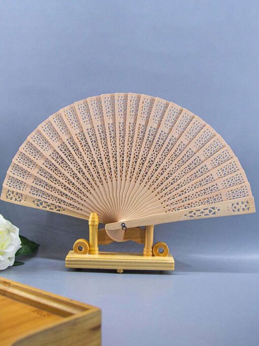 shein 1 pcs Elegant Pure Wood Fans, Handmade Carved Wooden Fan - Image 4