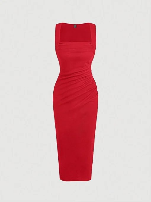 SHEIN MOD Solid Ruched Side Split Thigh Dress