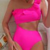 SHEIN Swim Summer Beach Cut Out Ruffle Trim One Shoulder One Piece Swimsuit