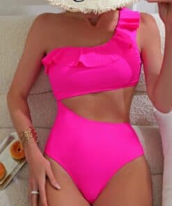 SHEIN Swim Summer Beach Cut Out Ruffle Trim One Shoulder One Piece Swimsuit