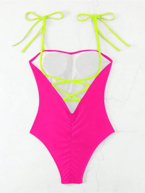 SHEIN Swim Women's Contrast Color Simple Daily Neon One-Piece Swimsuit - Image 3