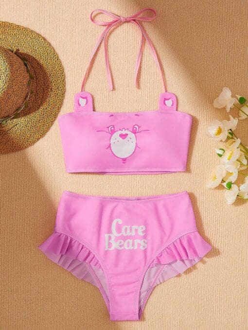 SHEIN X Care Bears Ladies Knitted Cartoon Bear And Letter Print Neck Hanging Bikini Set - Image 3
