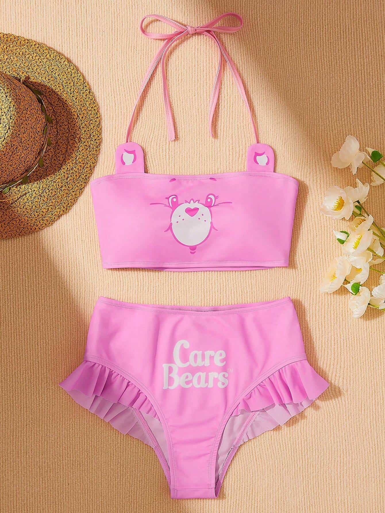SHEIN X Care Bears Ladies Knitted Cartoon Bear And Letter Print Neck Hanging Bikini Set Pink Shop