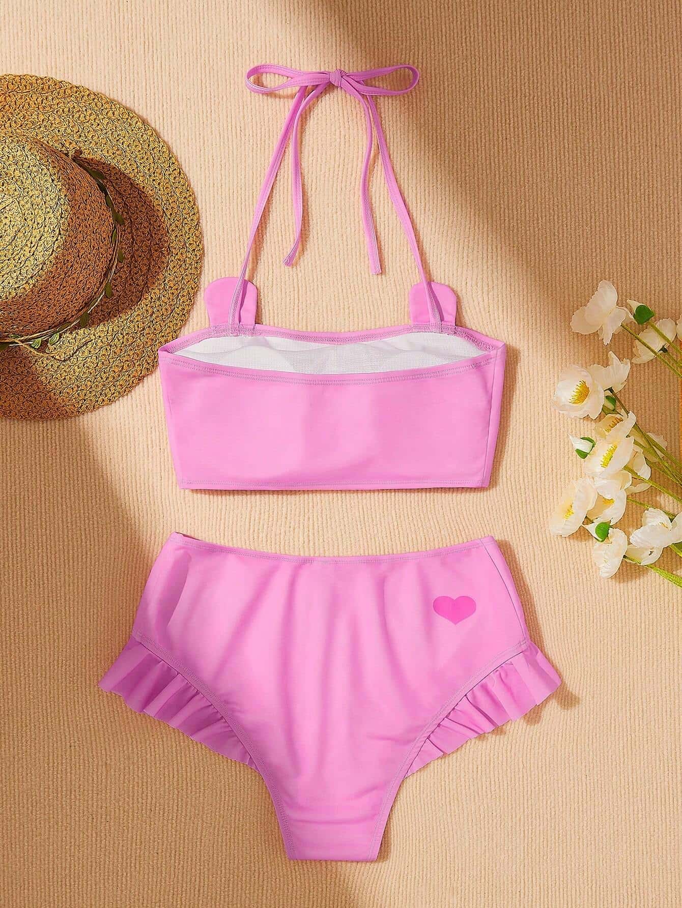 SHEIN X Care Bears Ladies Knitted Cartoon Bear And Letter Print Neck Hanging Bikini Set - Image 4