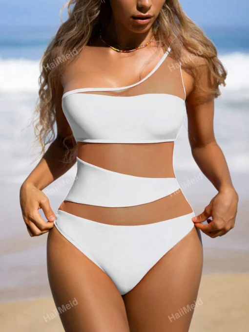 SHEIN Women Net Mesh Splice One Shoulder Sleeveless Monochromatic Bodysuit Swimsuit For Beach Vacation - Image 3