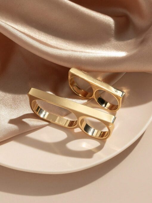 SHEIN 2pcs Trendy Hip-Hop Personality Exaggerated Ring, Small Batch Metal Design Double Finger - Image 2