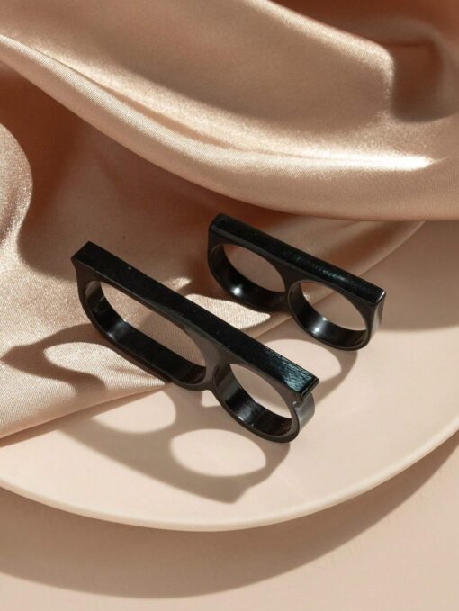 SHEIN 2pcs Trendy Hip-Hop Personality Exaggerated Ring, Small Batch Metal Design Double Finger - Image 3