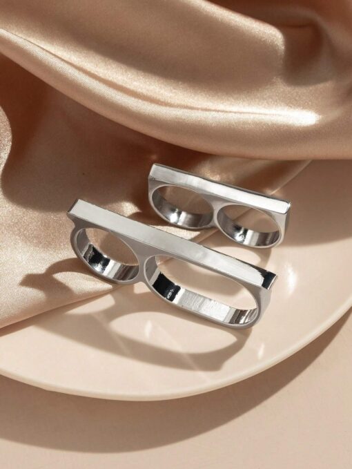 SHEIN 2pcs Trendy Hip-Hop Personality Exaggerated Ring, Small Batch Metal Design Double Finger - Image 4
