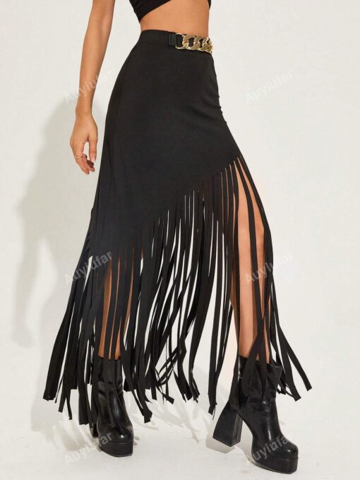 SHEIN Chain Detail Fringe Hem Skirt - Image 4