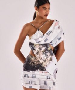 SHEIN MUSERA Location Print Slinky Drape Detail Mini Dress