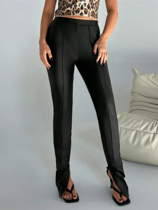 SHEIN Aloruh Women's Fashionable Commuting Simple Coated Artificial Leather Leg Slit