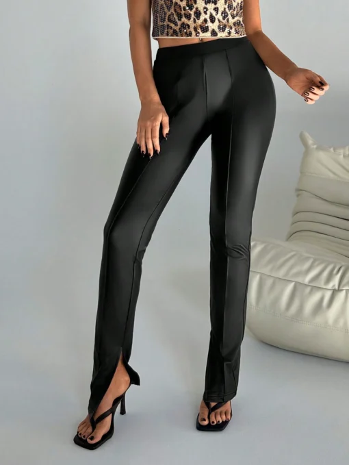 SHEIN Aloruh Women's Fashionable Commuting Simple Coated Artificial Leather Leg Slit - Image 4