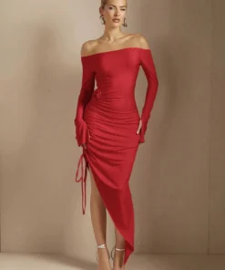 SHEIN BAE Women Off Shoulder Asymmetric Hem Bodycon Maxi Dress