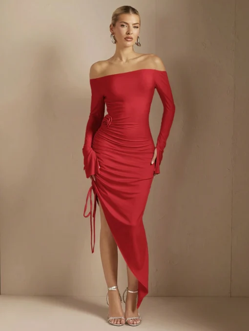 SHEIN BAE Women Off Shoulder Asymmetric Hem Bodycon Maxi Dress