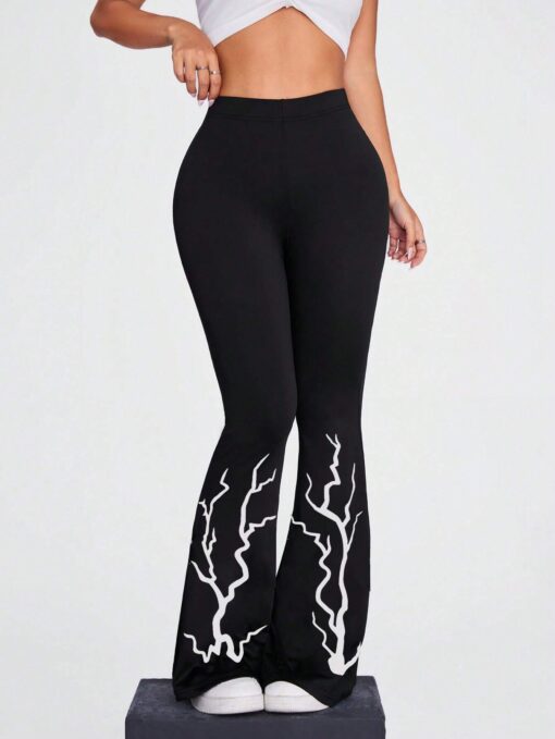 SHEIN Coolane Women's Fall Streetwear Lightning Print Boot Cut Pant Sweatpant