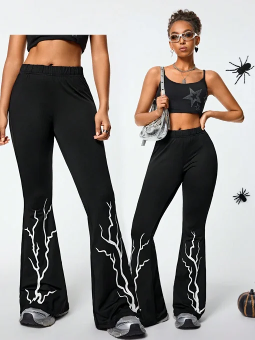 SHEIN Coolane Women's Fall Streetwear Lightning Print Boot Cut Pant Sweatpant - Image 2