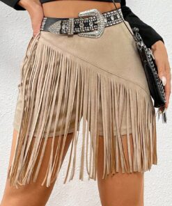 SHEIN Essnce Fringe Trim Faux Suede Skort Without Belt