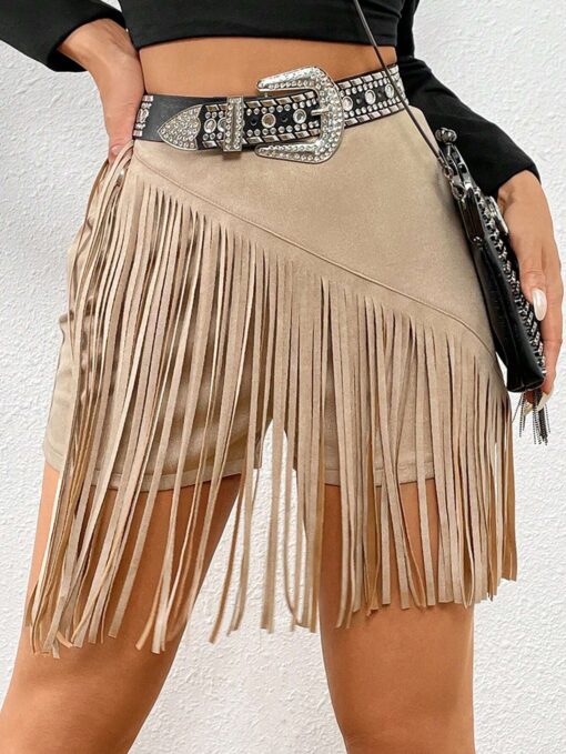 SHEIN Essnce Fringe Trim Faux Suede Skort Without Belt