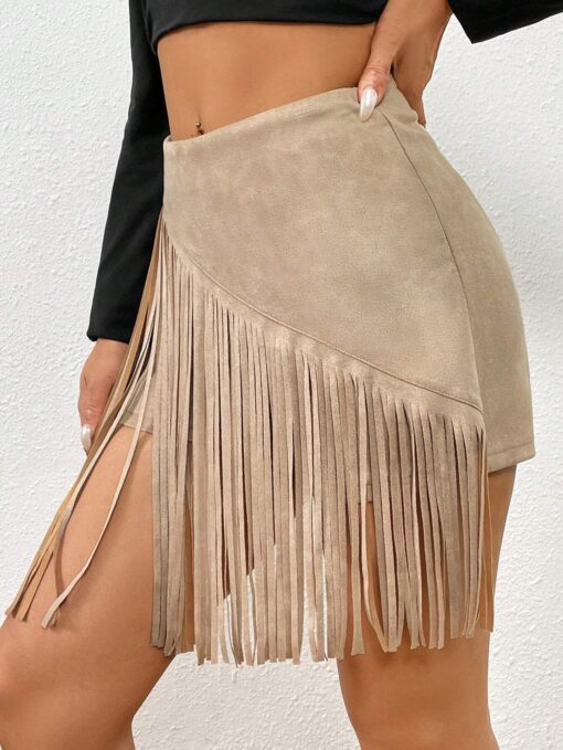 SHEIN Essnce Fringe Trim Faux Suede Skort Without Belt - Image 3