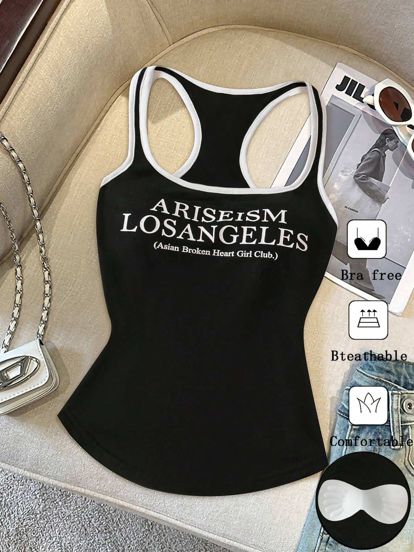 SHEIN Essnce Letter Print Splicing Round Neck Chest Patch Tank Top