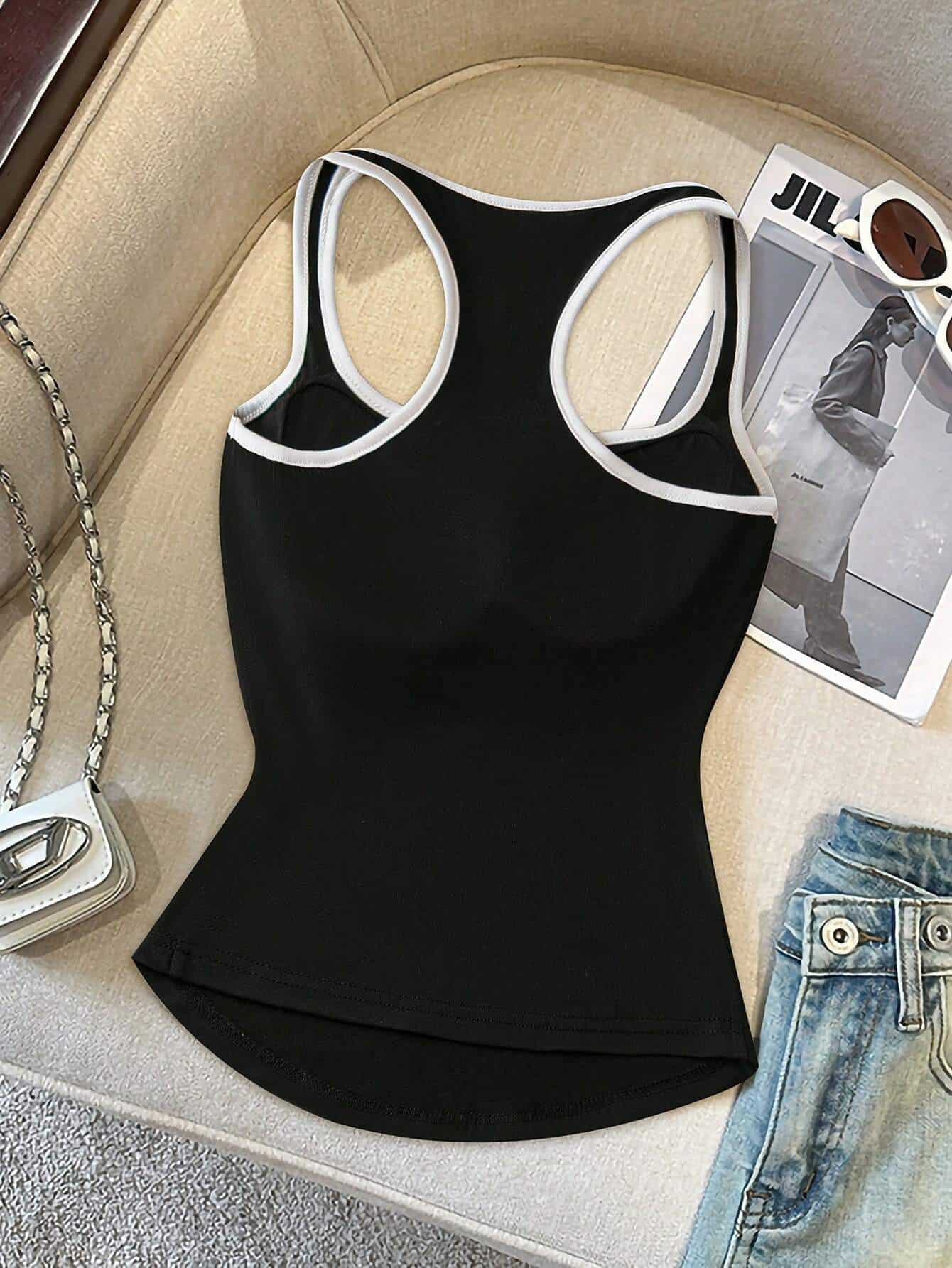 SHEIN Essnce Letter Print Splicing Round Neck Chest Patch Tank Top - Image 2