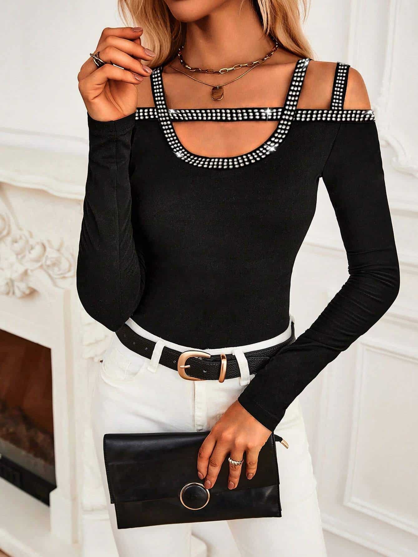 SHEIN Essnce Women's Rhinestone Decoration T-Shirt - Image 4