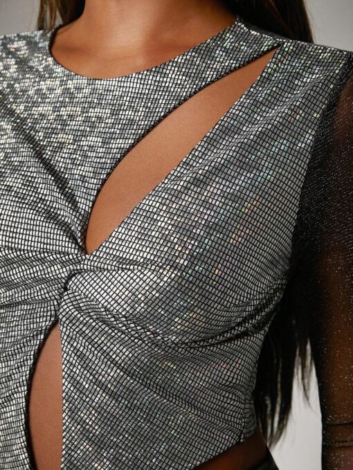 SHEIN Haute Cut Out Asymmetric Twist Glitter Top - Image 3