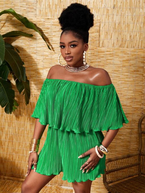 SHEIN Slayr Off-Shoulder Ruffle Neck Pleated Fabric Loose Romper - Image 3