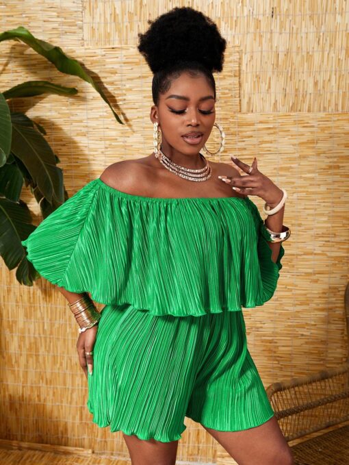 SHEIN Slayr Off-Shoulder Ruffle Neck Pleated Fabric Loose Romper - Image 4