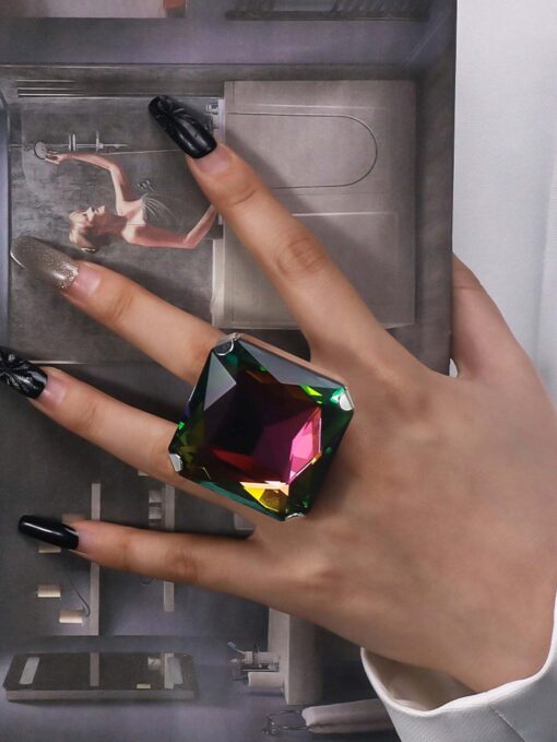 STONEFANS 1pc Exaggerated Large Square Muticolor Crystal Ring For Women