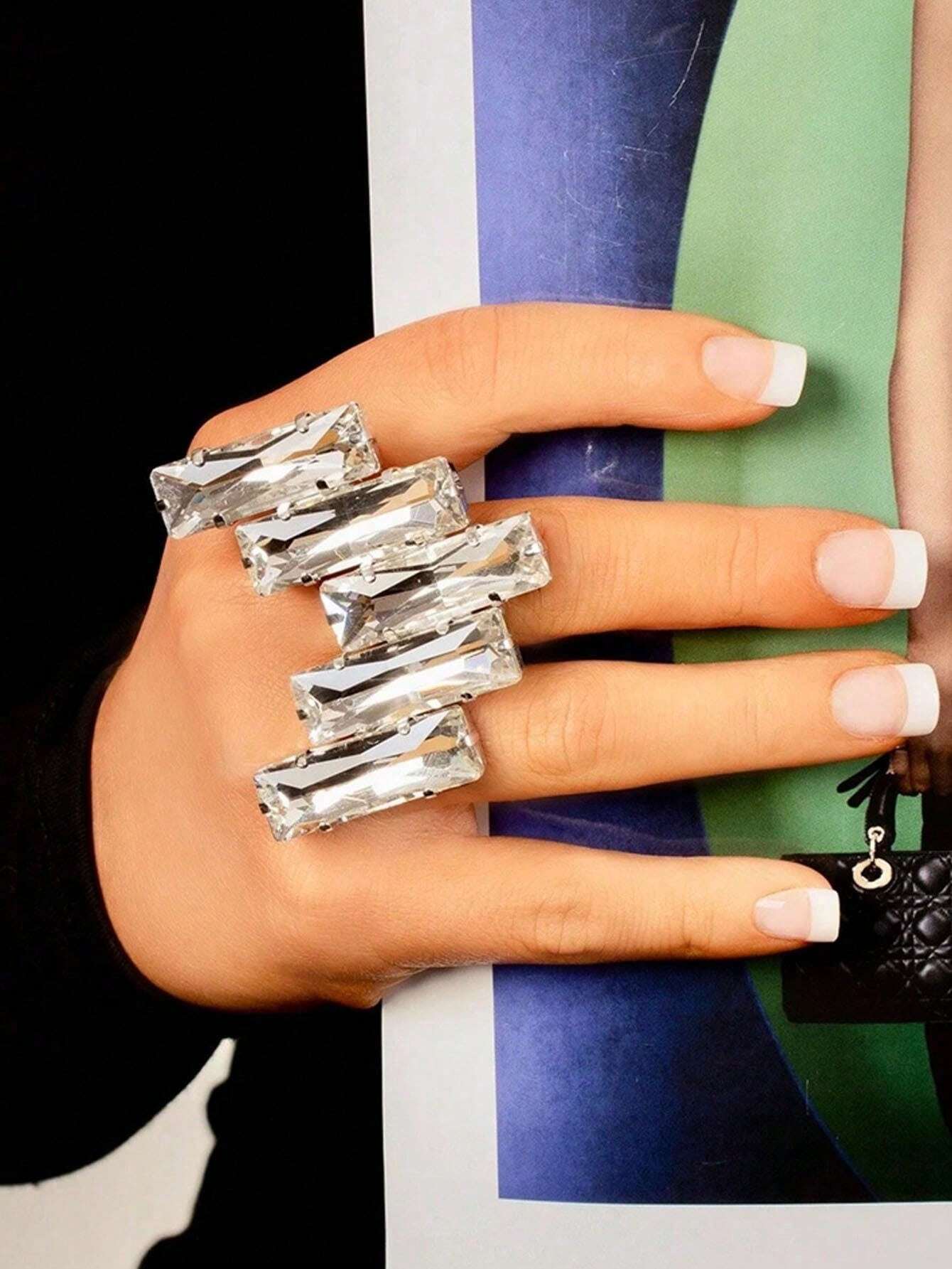 STONEFANS 1pc Silver Square Finger Ring, Cocktail Party Jewelry