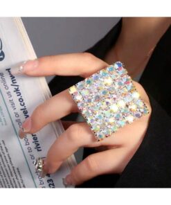 SHEIN Shiny Crystal Exaggerated Square Rings Finger Jewelry Adjustable Large