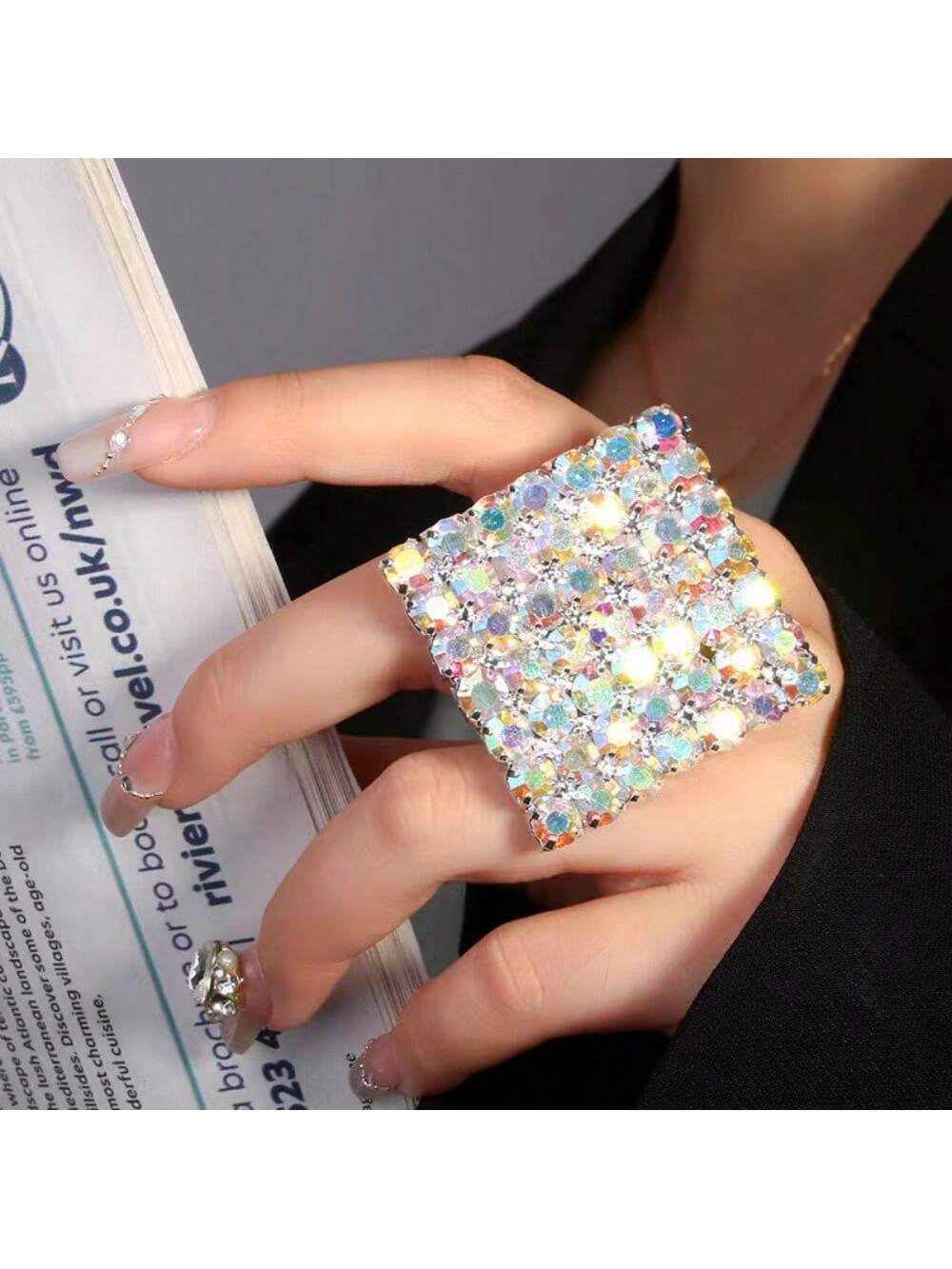 SHEIN Shiny Crystal Exaggerated Square Rings Finger Jewelry Adjustable Large