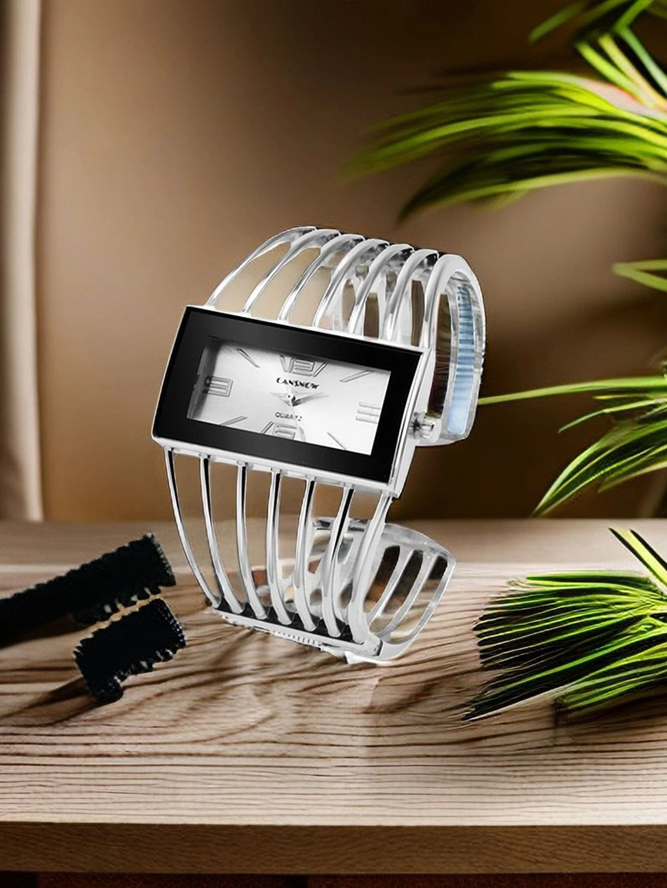 shein 1pc Women Silver Zinc Alloy Strap Fashionable Rectangle Dial Quartz Watch, For Daily Decoration - Image 2