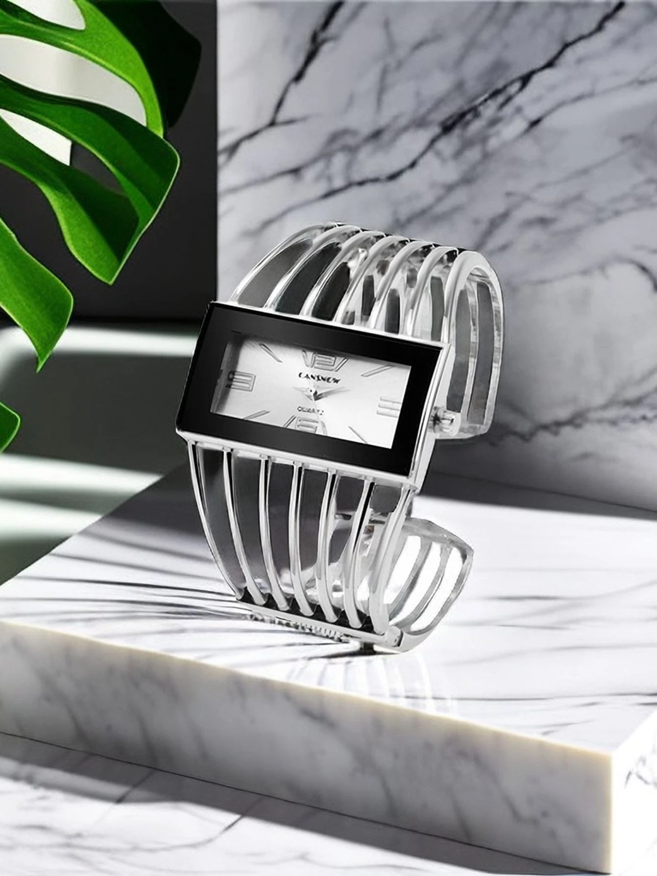 shein 1pc Women Silver Zinc Alloy Strap Fashionable Rectangle Dial Quartz Watch, For Daily Decoration - Image 3