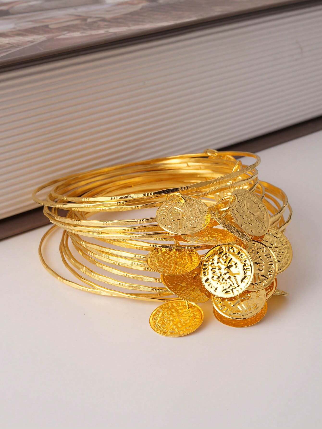 SHEIN 20pcs/Set Saudi Arabia Style Iron Alloy Round Pendant Bangle - Image 2