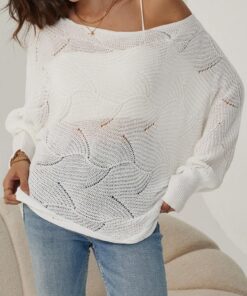 SHEIN Privé Women Asymmetrical Shoulder Collar Long Sleeve Knit Sweater Top, Cream White