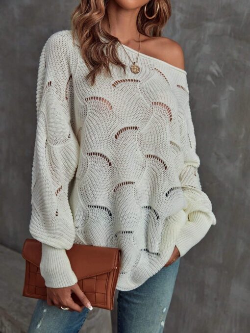 SHEIN Privé Women Asymmetrical Shoulder Collar Long Sleeve Knit Sweater Top, Cream White - Image 2