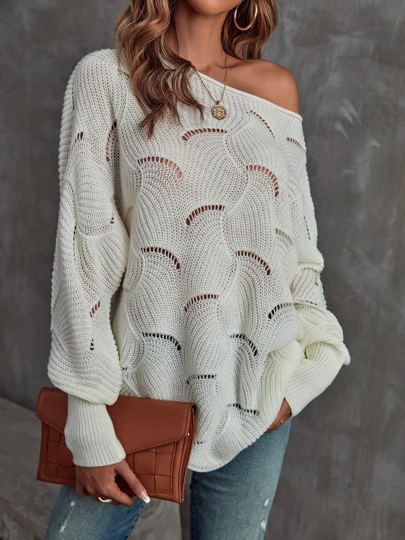 SHEIN Privé Women Asymmetrical Shoulder Collar Long Sleeve Knit Sweater Top, Cream White - Image 2