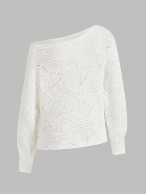 SHEIN Privé Women Asymmetrical Shoulder Collar Long Sleeve Knit Sweater Top, Cream White - Image 4