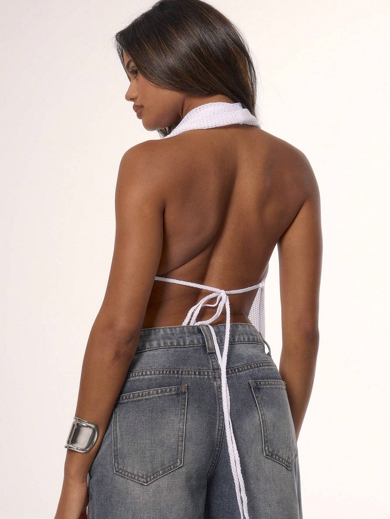 SHEIN MUSERA Women Solid Color Sleeveless Backless Knitted Sweater, Casual & Vacation - Image 3