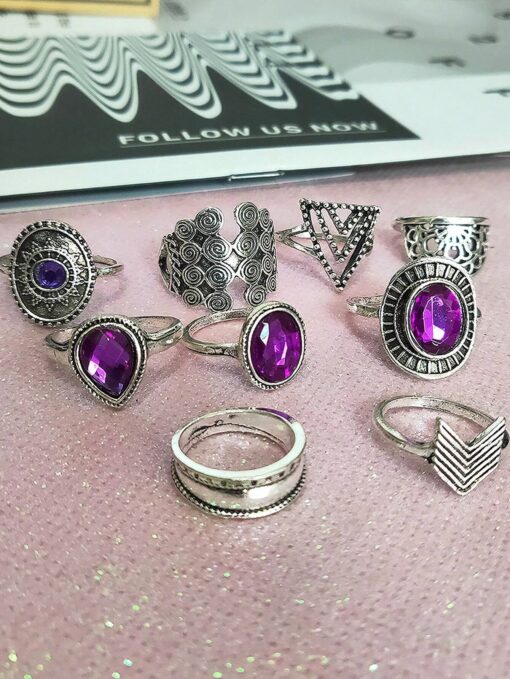 SHEIN 9pcs Boho Vintage Purple Ehinestone Rings Set - Image 2