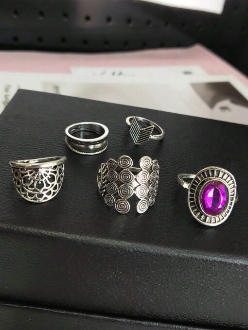 SHEIN 9pcs Boho Vintage Purple Ehinestone Rings Set - Image 3