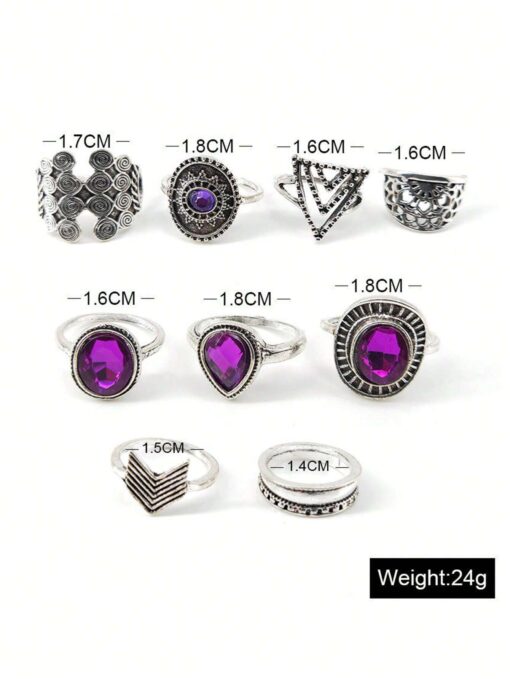 SHEIN 9pcs Boho Vintage Purple Ehinestone Rings Set - Image 4