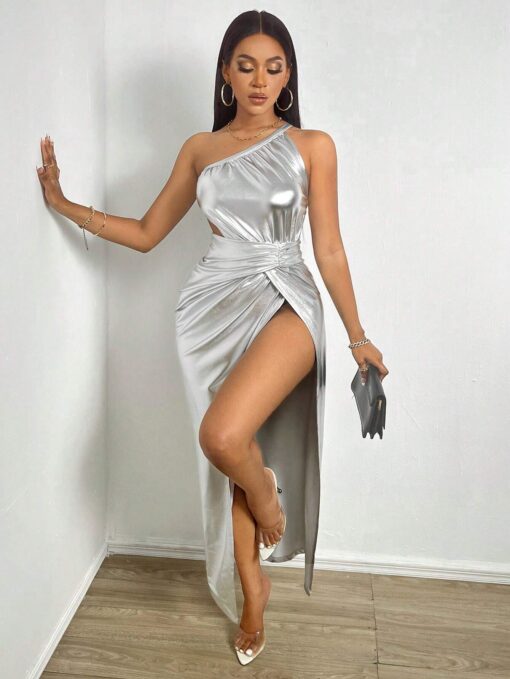 SHEIN Allurite One Shoulder Ruched Split Thigh Metallic Dress