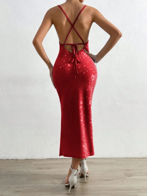 SHEIN BAE Draped Collar Split Thigh Lace Up Backless Cami Dress