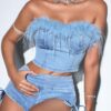 SHEIN BAE Summer Short Strapless Denim Top With Fuzzy Patchwork