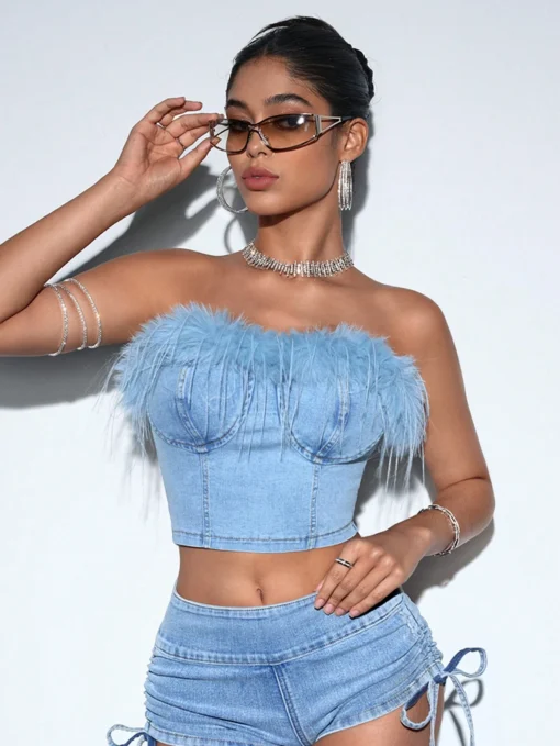 SHEIN BAE Summer Short Strapless Denim Top With Fuzzy Patchwork - Image 2